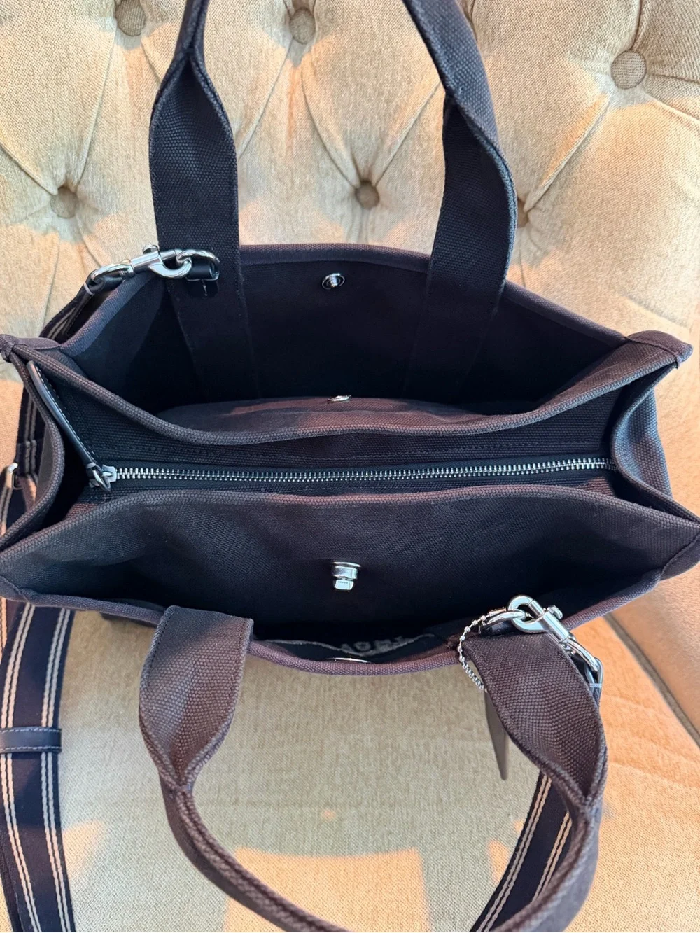 Coach Cargo Canvas Tote Black Tan Silver Adjustable/Removable Strap - Picture 6 of 11